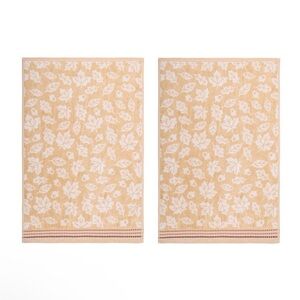 Leaf Patterned Tan and White Hand Towels Set of 2pc NWT